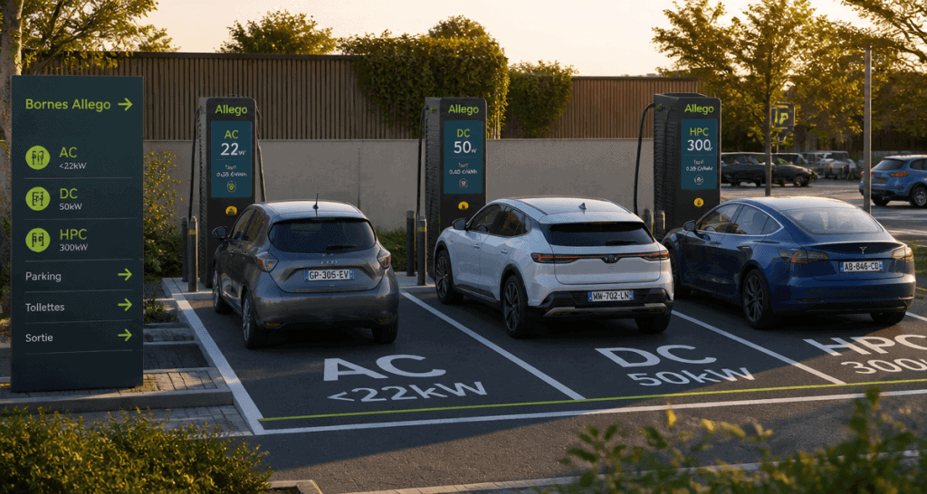 borne de recharge allego sur parking moderne