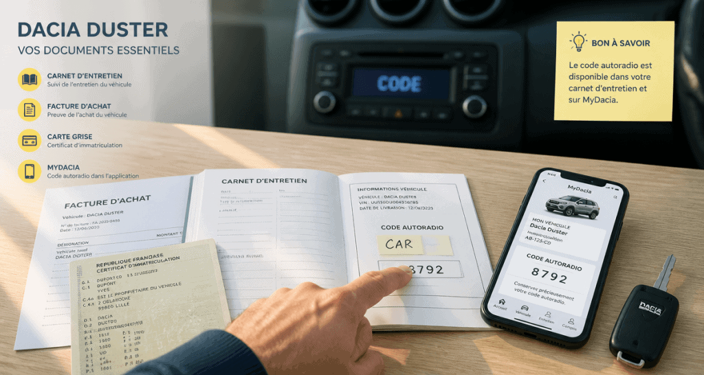 code autoradio dacia duster sur carnet et smartphone