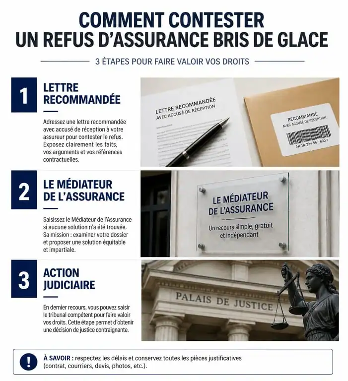 Infographie des étapes de contestation d'un refus de prise en charge bris de glace