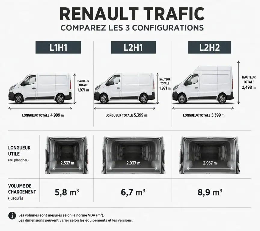 Infographie comparative des dimensions et volumes de chargement du Renault Trafic blanc pour professionnels