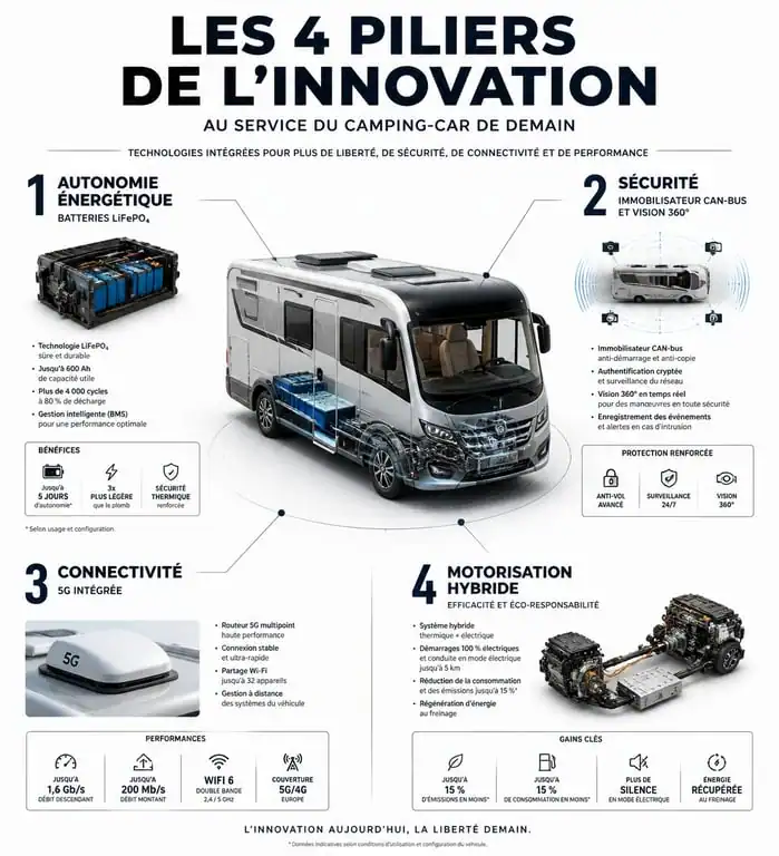 Infographie des innovations technologiques pour camping-car : autonomie, sécurité et connectivité