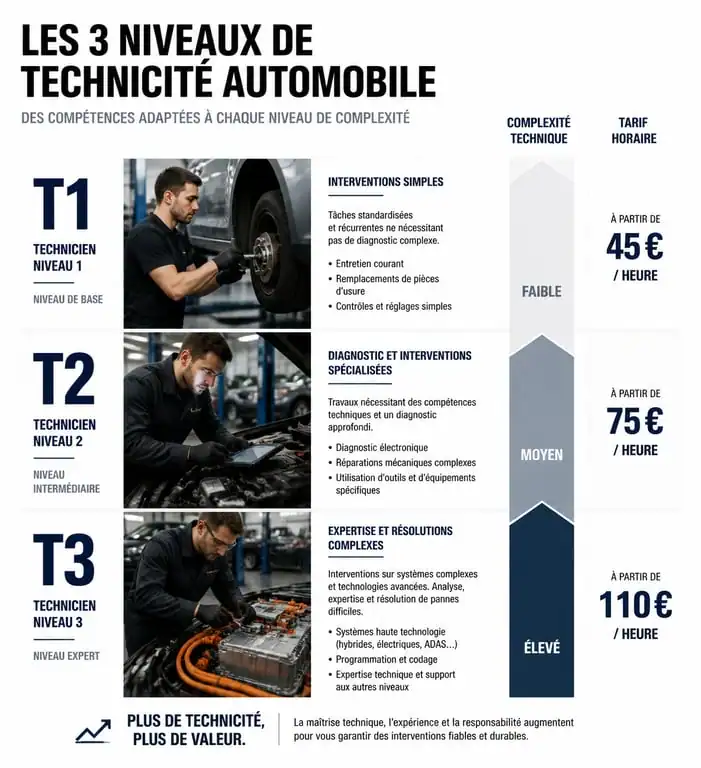 Infographie comparative des tarifs de main d'œuvre garage T1, T2 et T3 selon la technicité