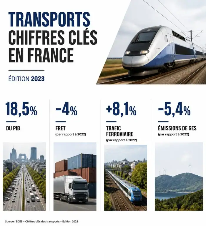 Infographie des statistiques du transport en France 2023 montrant la part du PIB et les évolutions par mode