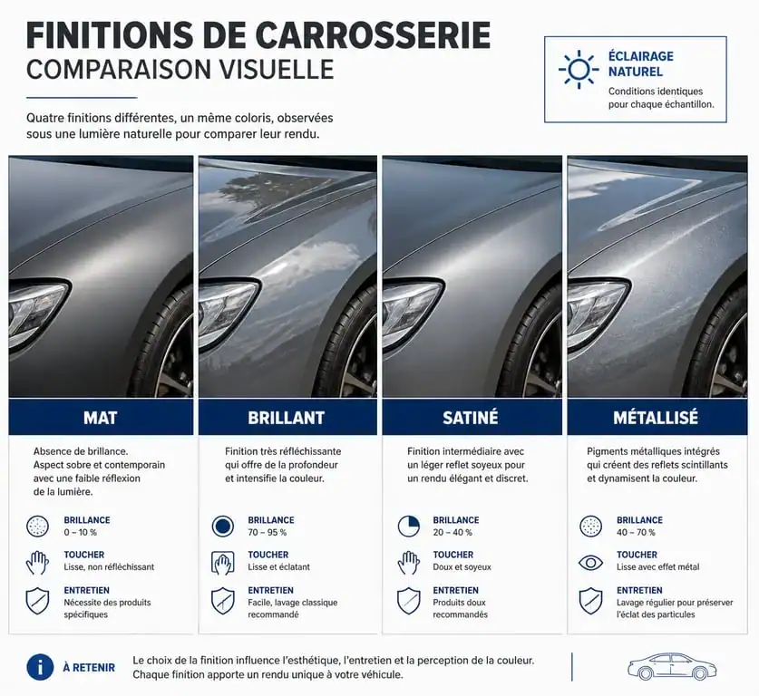 Comparatif des finitions de covering voiture : mat, brillant, satiné et métallisé