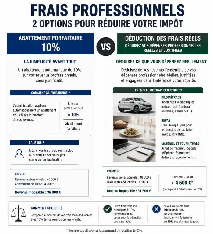 Comparatif entre abattement forfaitaire 10% et déduction des frais réels pour l'impôt sur le revenu