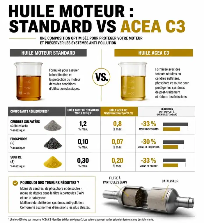 Infographie comparative de la composition d'une huile moteur ACEA C3 pour moteur avec FAP