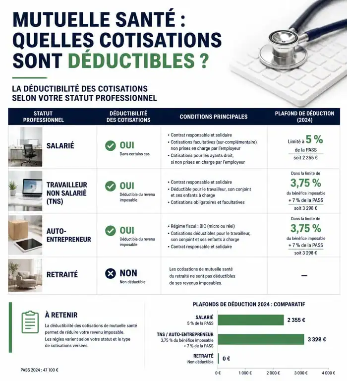 Infographie sur la déduction mutuelle santé des impôts selon le statut professionnel