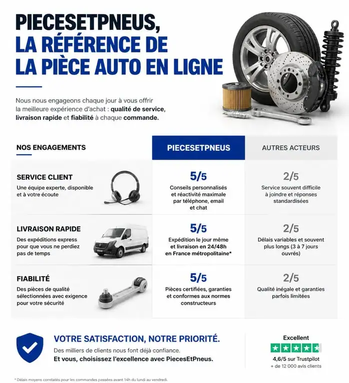 Infographie comparative des services de PiecesEtPneus.com pour l'achat de pièces auto en ligne