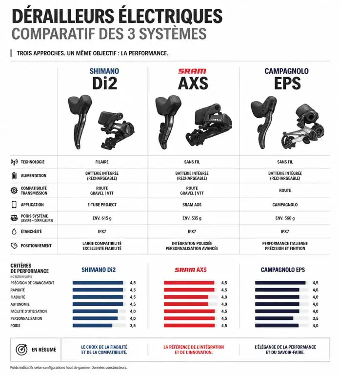 Comparatif des systèmes de dérailleur électrique Shimano Di2, SRAM AXS et Campagnolo EPS