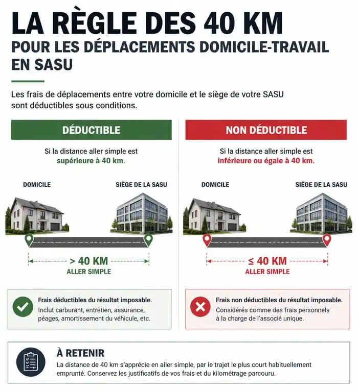 Infographie explicative de la règle des 40 km pour les indemnités kilométriques en SASU