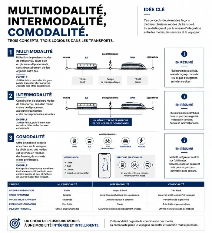 Schéma explicatif de la différence entre multimodalité, intermodalité et comodalité dans les transports