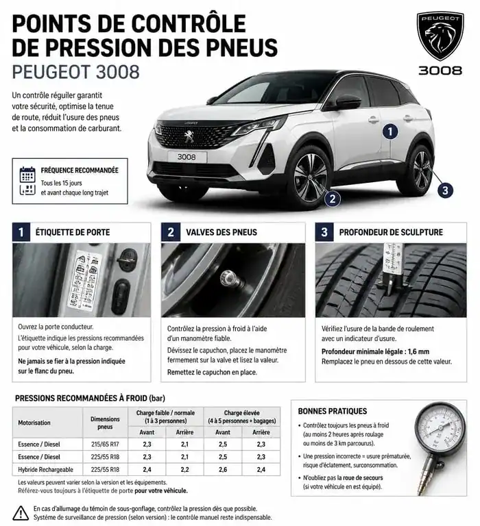 Infographie des points de contrôle et pression des pneus pour Peugeot 3008