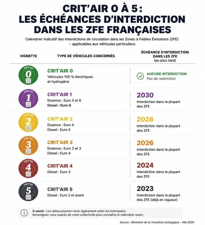 Infographie comparative des vignettes Crit'Air et calendrier des interdictions diesel dans les ZFE