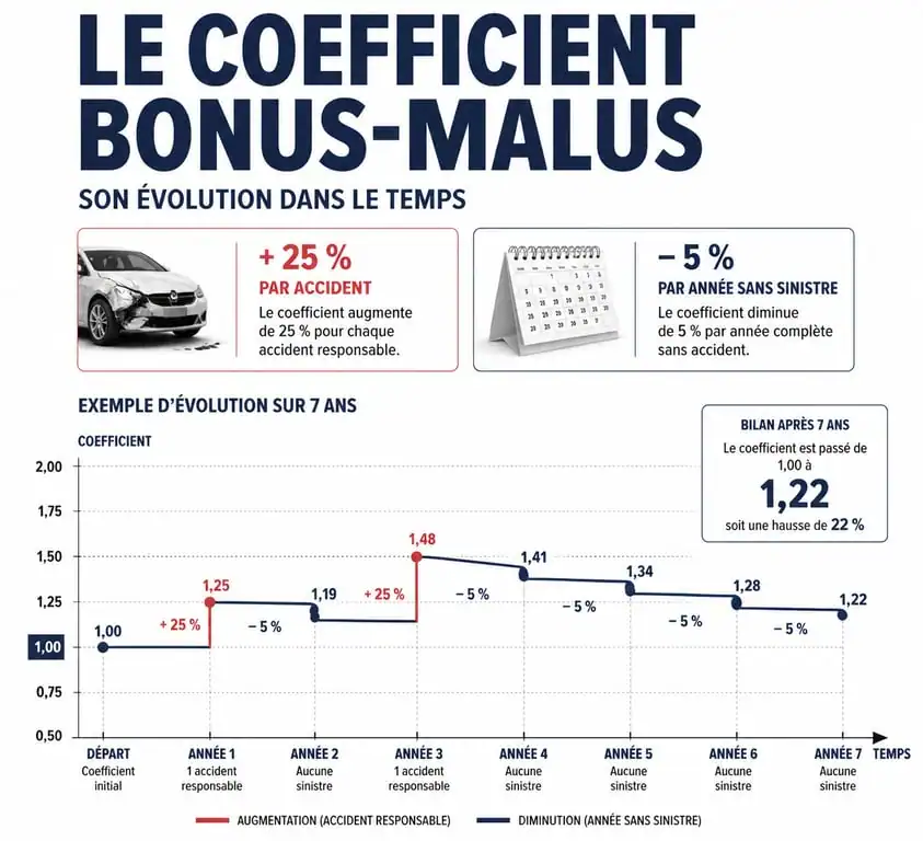 Infographie illustrant l'évolution du coefficient bonus-malus pour une assurance conducteur malussé