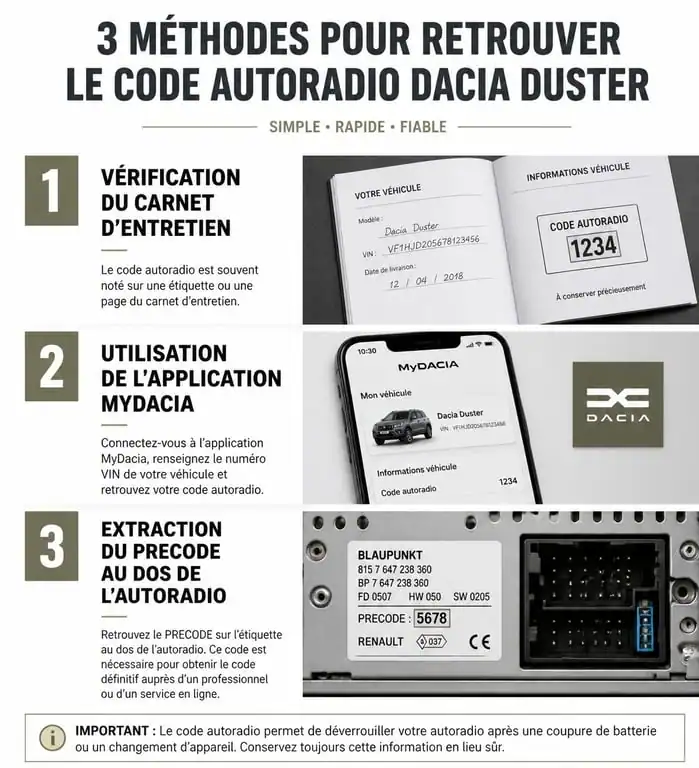 Infographie des étapes pour récupérer le code autoradio Dacia Duster