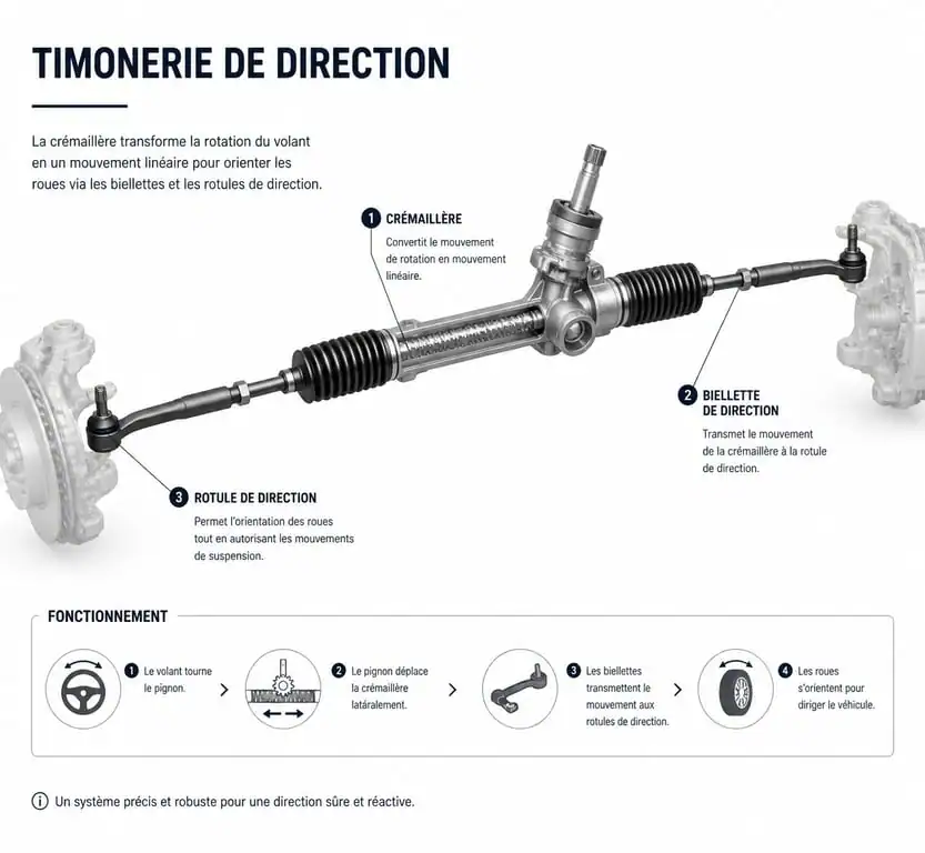 Schéma illustrant les composants de la timonerie de direction d'une voiture : crémaillère, biellettes et rotules.
