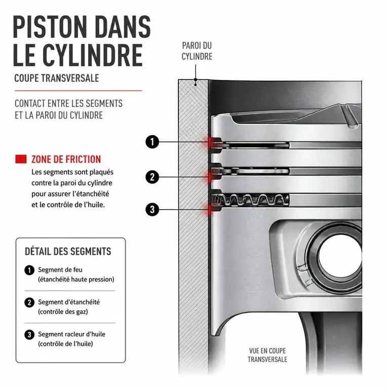 Schéma illustrant le fonctionnement d'un moteur grippé avec piston et cylindre