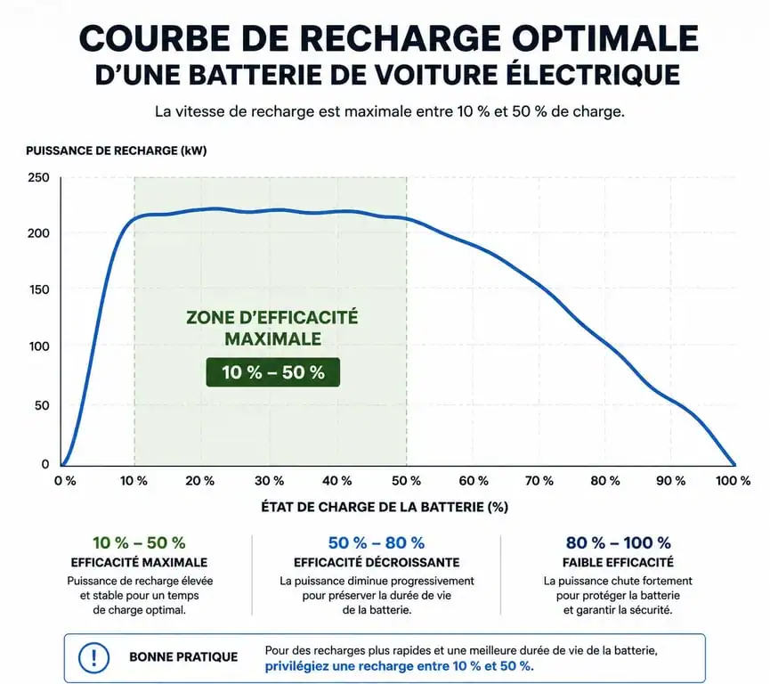 Infographie sur la planification de trajet Tesla et l'optimisation de la courbe de recharge pour gagner du temps sur les longs trajets