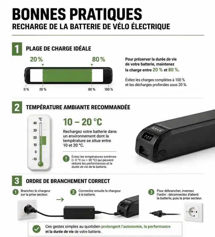 Infographie des bonnes pratiques pour charger son vélo électrique et préserver la batterie