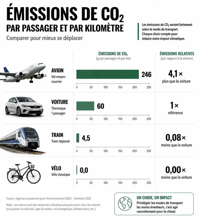 Infographie comparative des émissions de CO2 par mode de transport et environnement