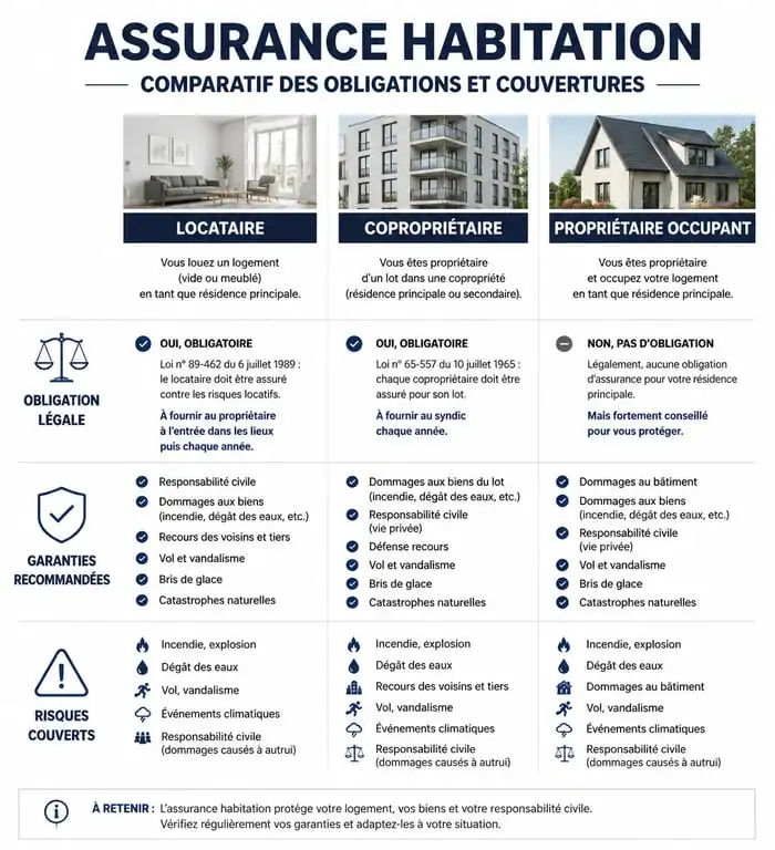 Infographie comparative des obligations d'assurance habitation pour locataire, copropriétaire et propriétaire
