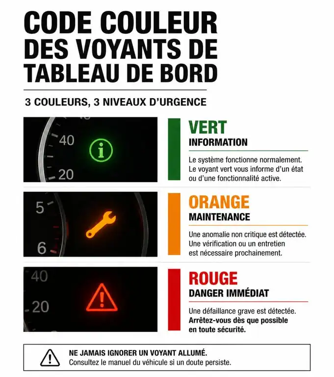 Tableau récapitulatif des couleurs du voyant service et des voyants de tableau de bord