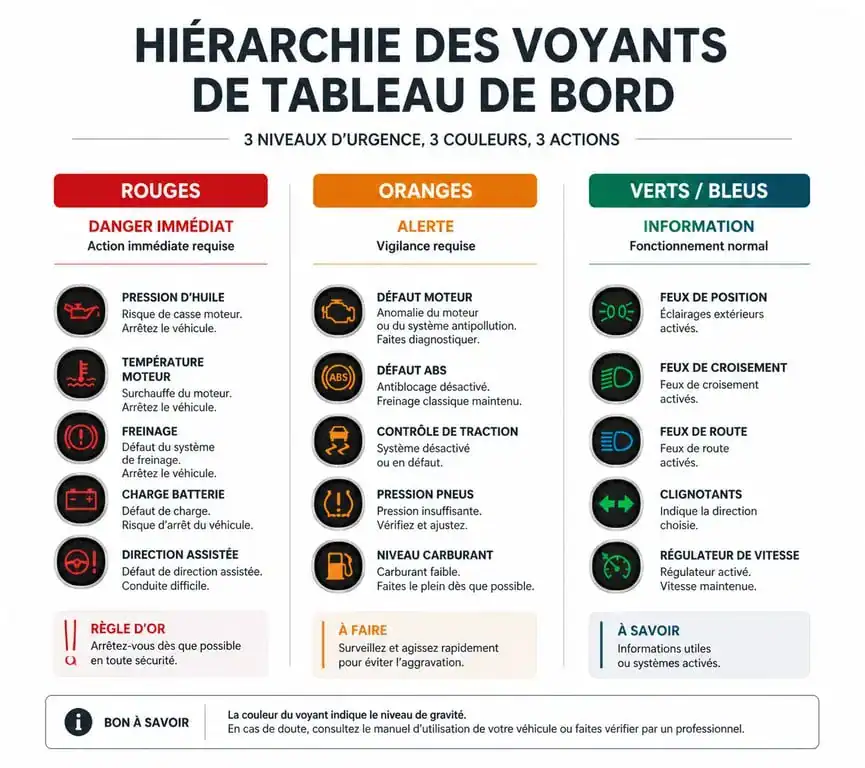 Infographie de la signification des voyants de tableau de bord voiture par couleur