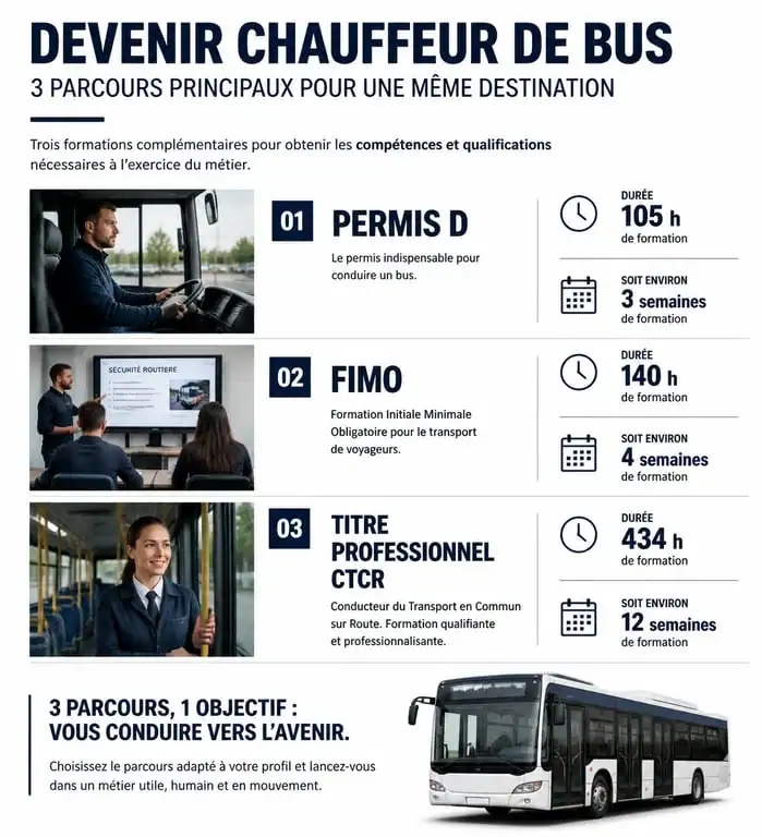 Infographie des durées de formation pour devenir chauffeur de bus en France