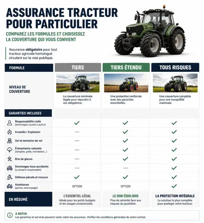 Tableau comparatif des formules d'assurance tracteur pour particulier