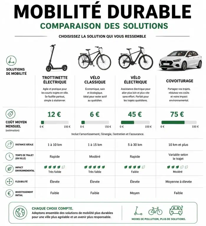 Infographie comparative des solutions de mobilité durable Atoocycles : coûts et usages