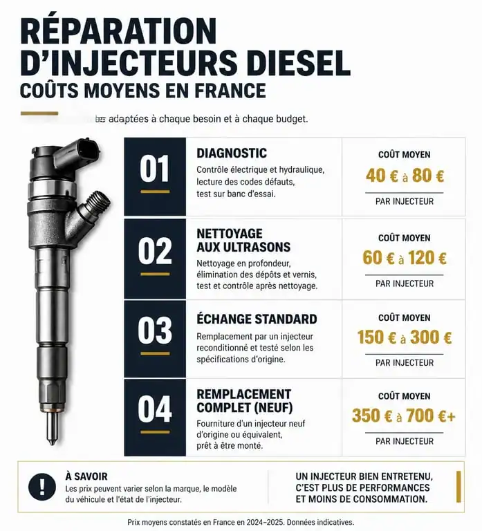 Infographie des prix moyens pour la réparation d'injecteurs diesel et diagnostic moteur