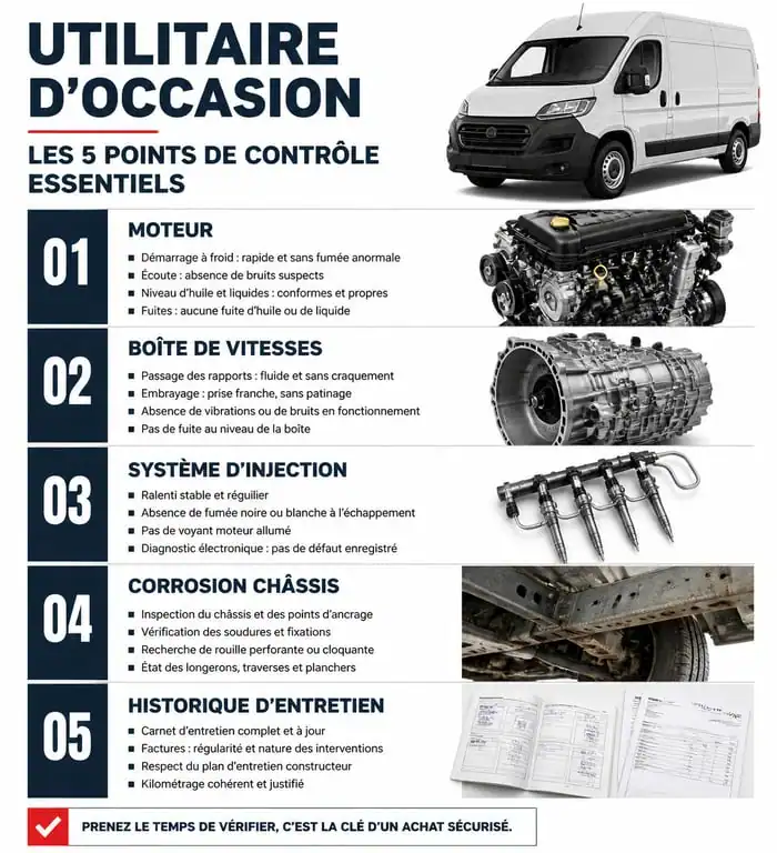 Infographie des points de contrôle pour éviter un utilitaire à éviter lors de l'achat d'occasion