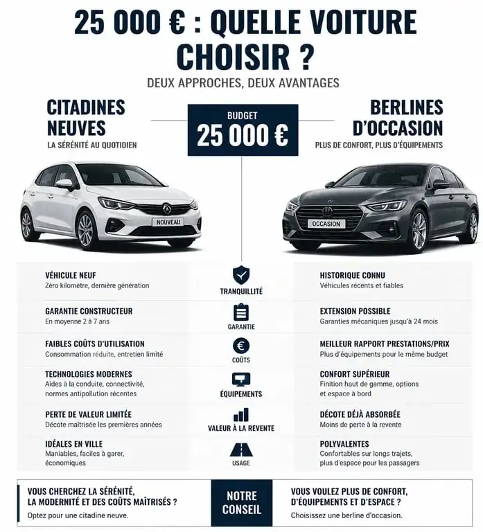 Comparatif achat voiture 25000 euros : neuf vs occasion