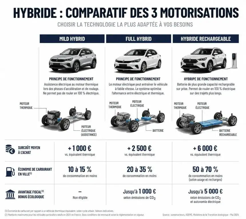 Comparatif des technologies de voiture hybride : Mild Hybrid, Full Hybrid et Hybride Rechargeable pour aider à choisir selon son usage.