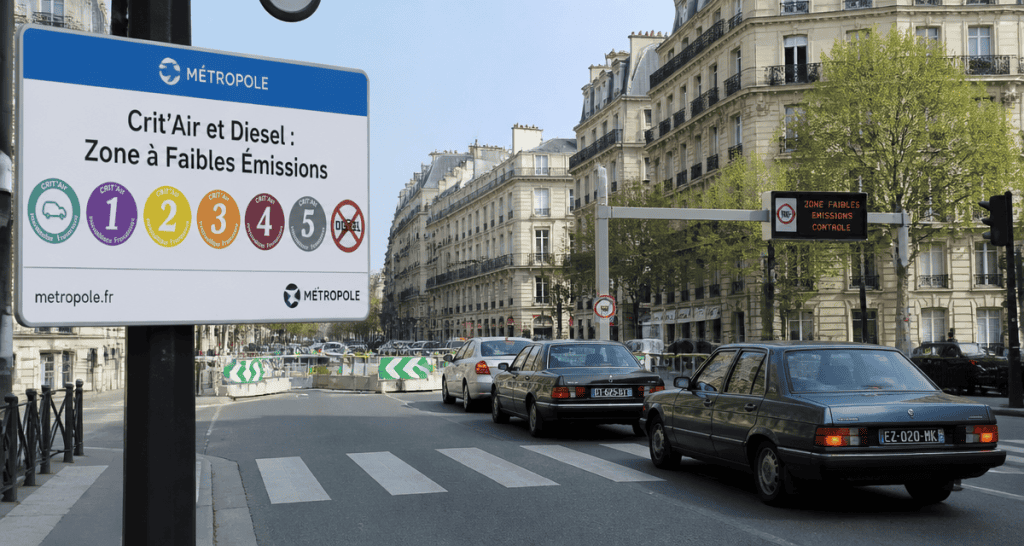 Interdiction totale du diesel en France, panneau Crit’Air en ville