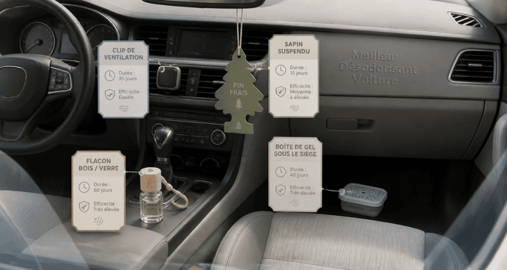meilleur desodorisant voiture en différents formats sur console centrale