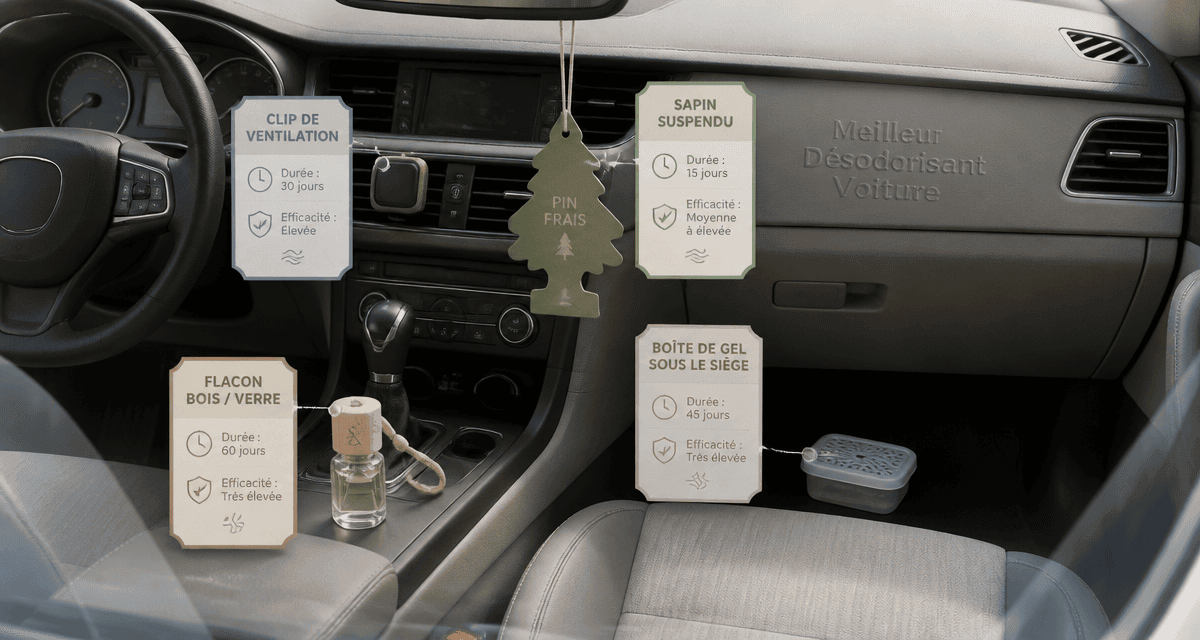meilleur desodorisant voiture en différents formats sur console centrale