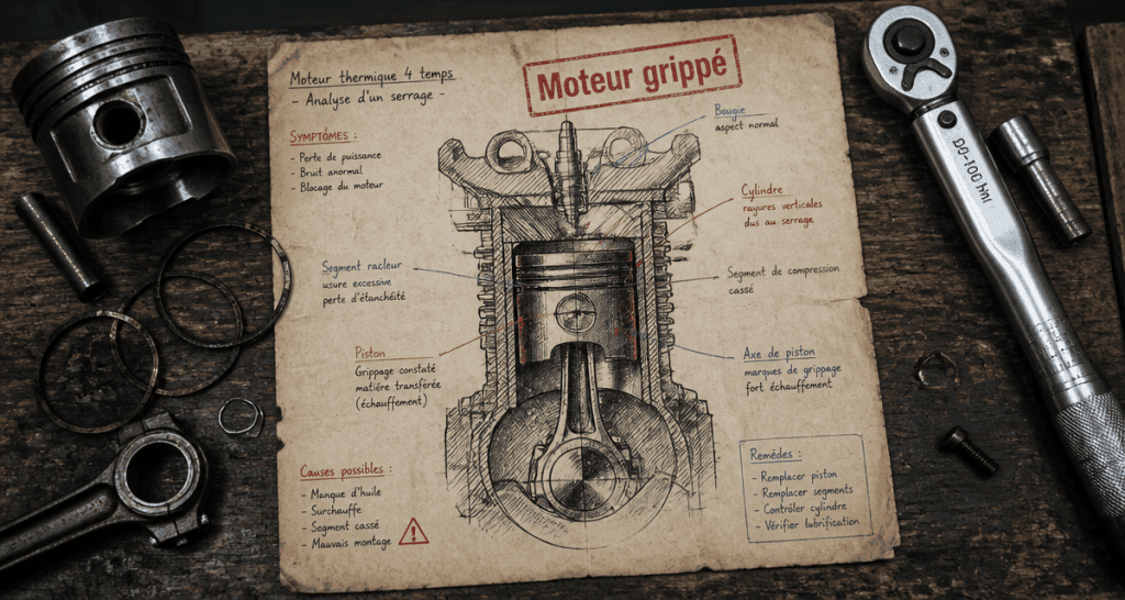 schéma moteur grippé et pièces mécaniques