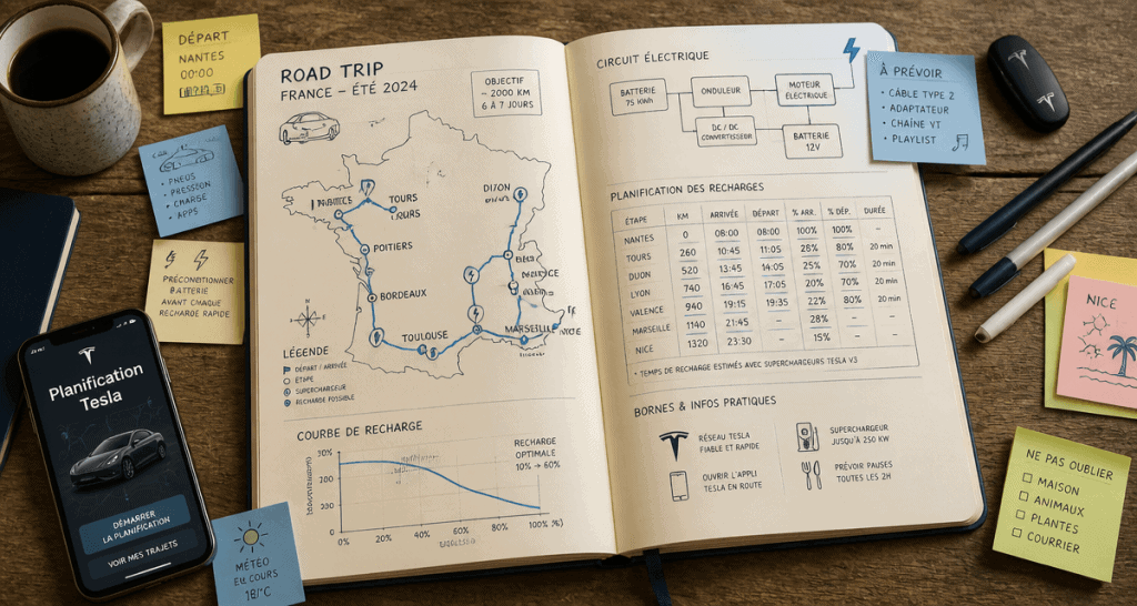 planification trajet tesla carnet de route infographie