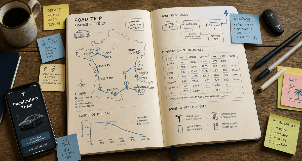 planification trajet tesla carnet de route infographie