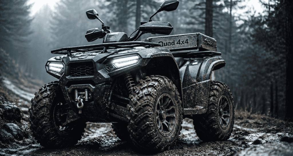 quads 4x4 sur chemin boueux en forêt