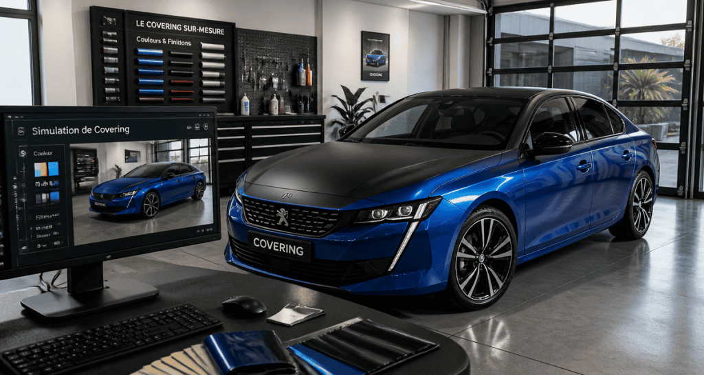 simulation covering voiture sur berline bleu et noir
