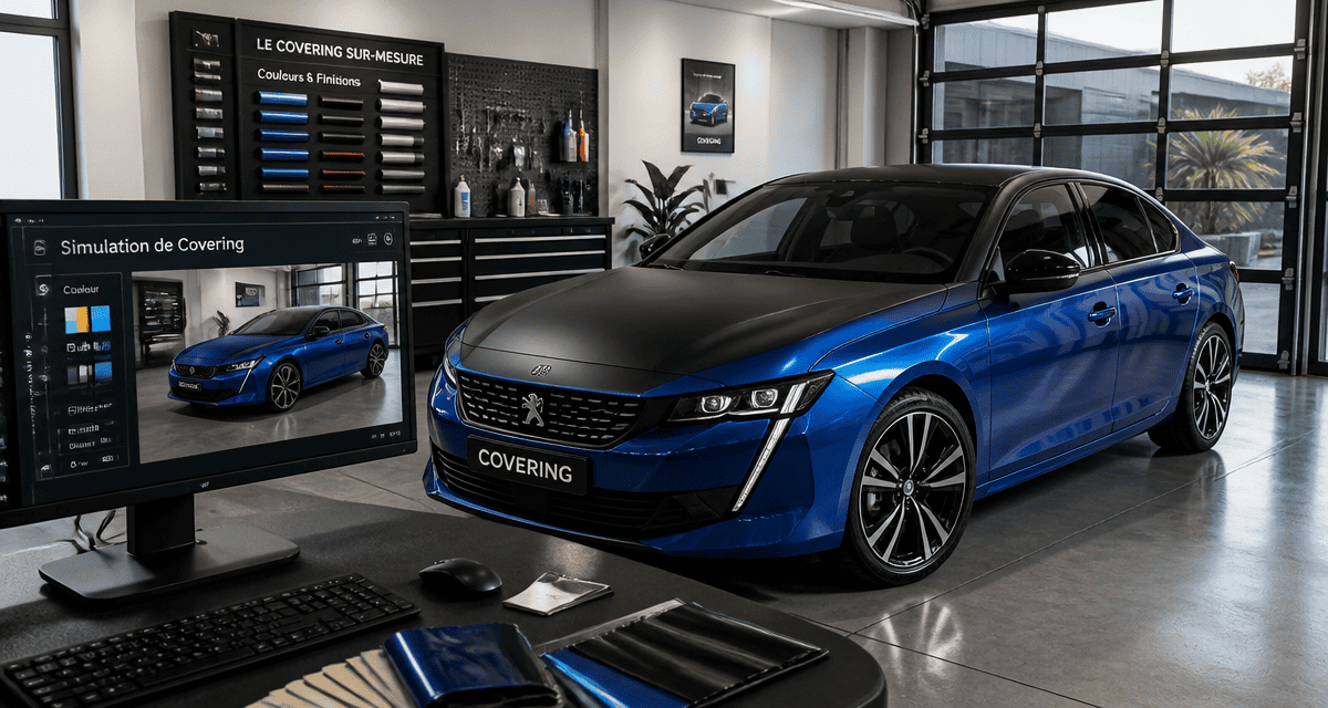 simulation covering voiture sur berline bleu et noir