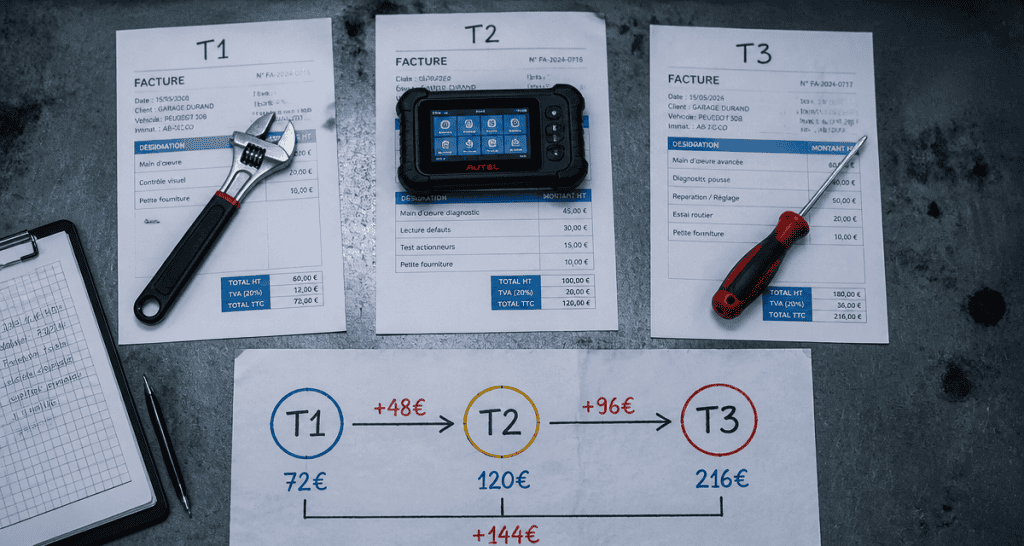 Tarif main d'oeuvre garage T1 T2 T3 outils et facture