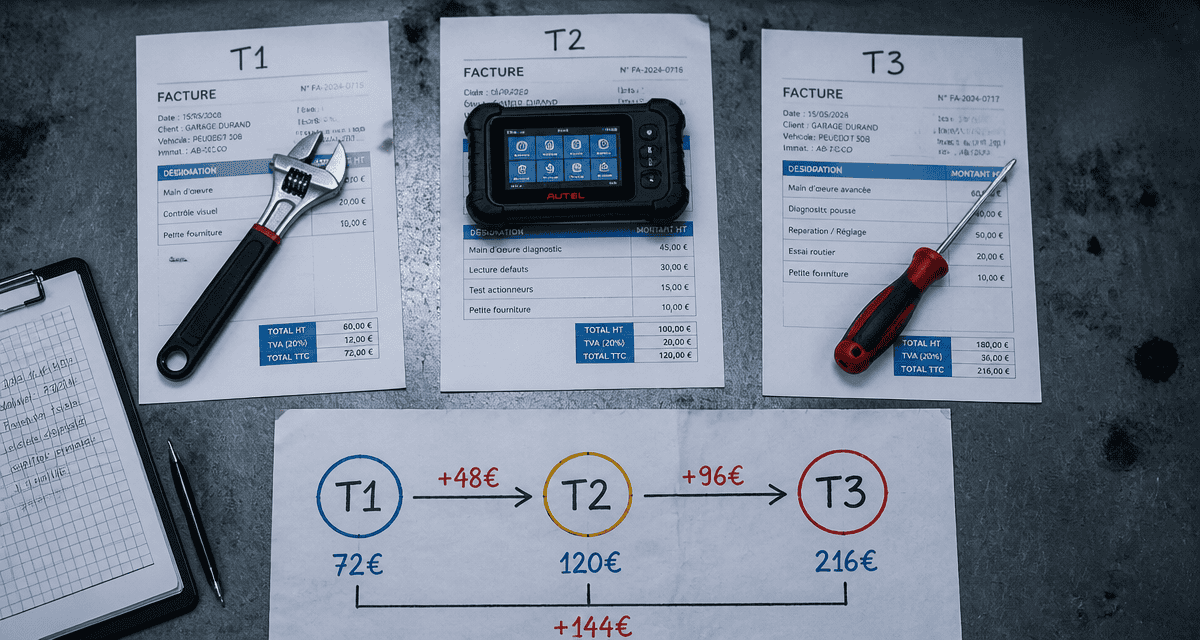 Tarif main d'oeuvre garage T1 T2 T3 outils et facture