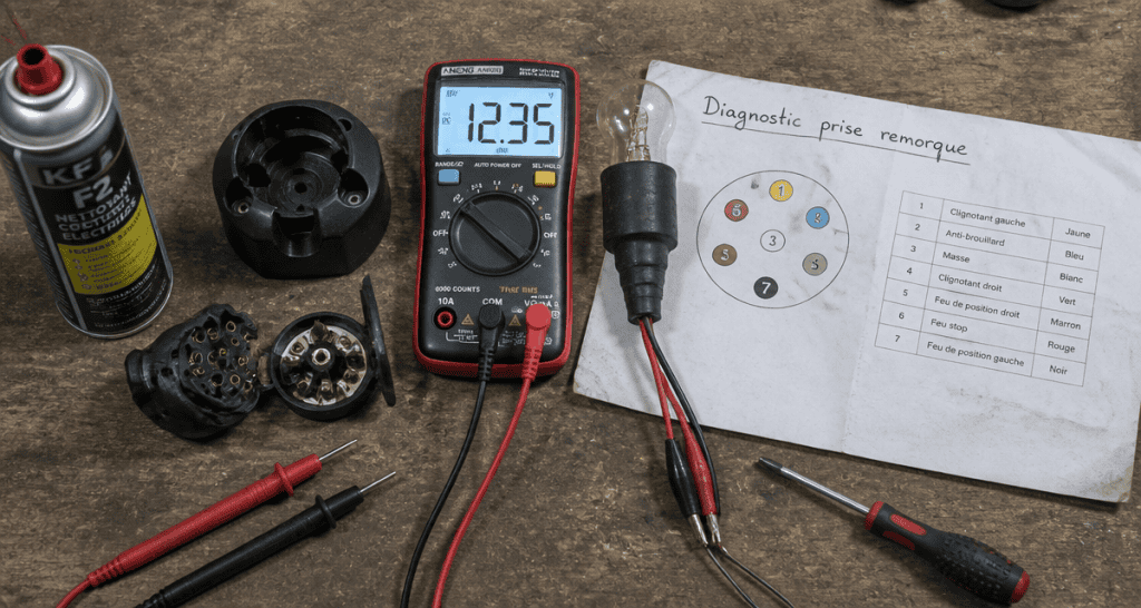 Tester prise remorque avec outils et schéma