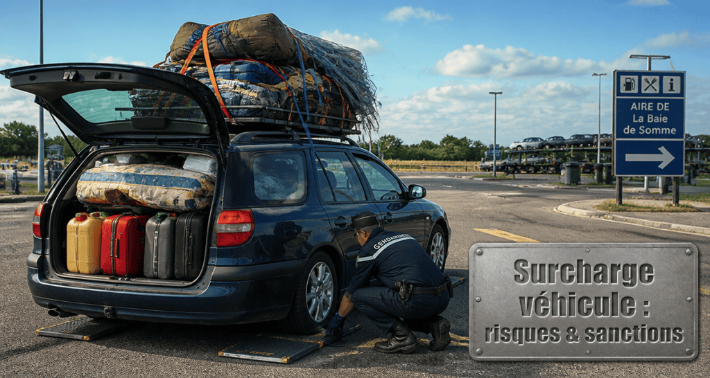 voiture chameau autoroute surchargée contrôlée par gendarme