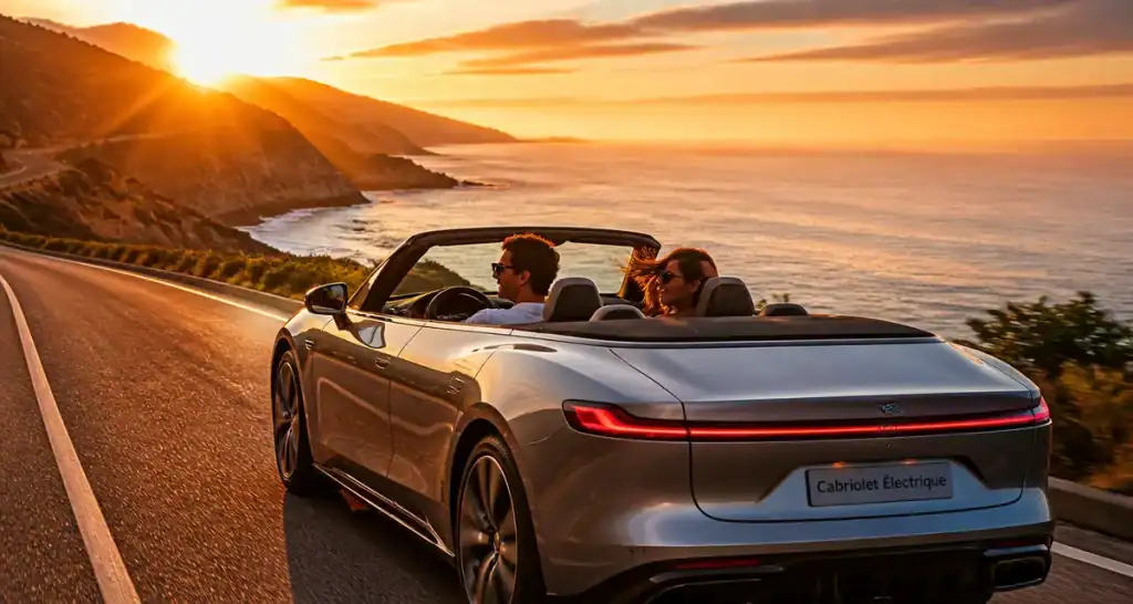 cabriolet electrique moderne sur route au coucher de soleil