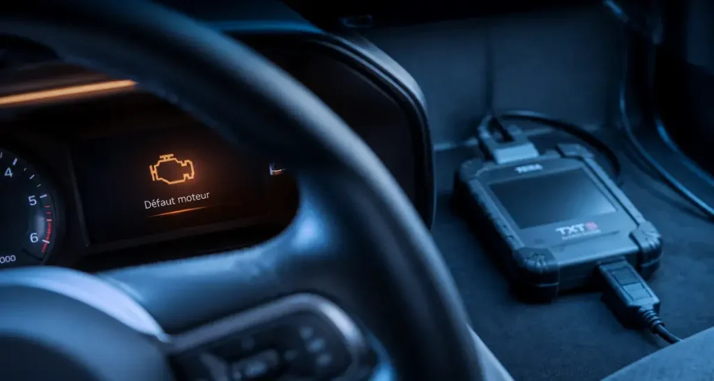 defaut moteur : voyant moteur orange sur tableau de bord avec diagnostic OBD