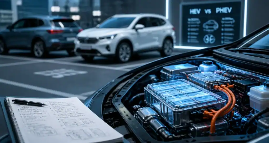 Différence entre hybride et hybride rechargeable : HEV vs PHEV sur tableau de bord